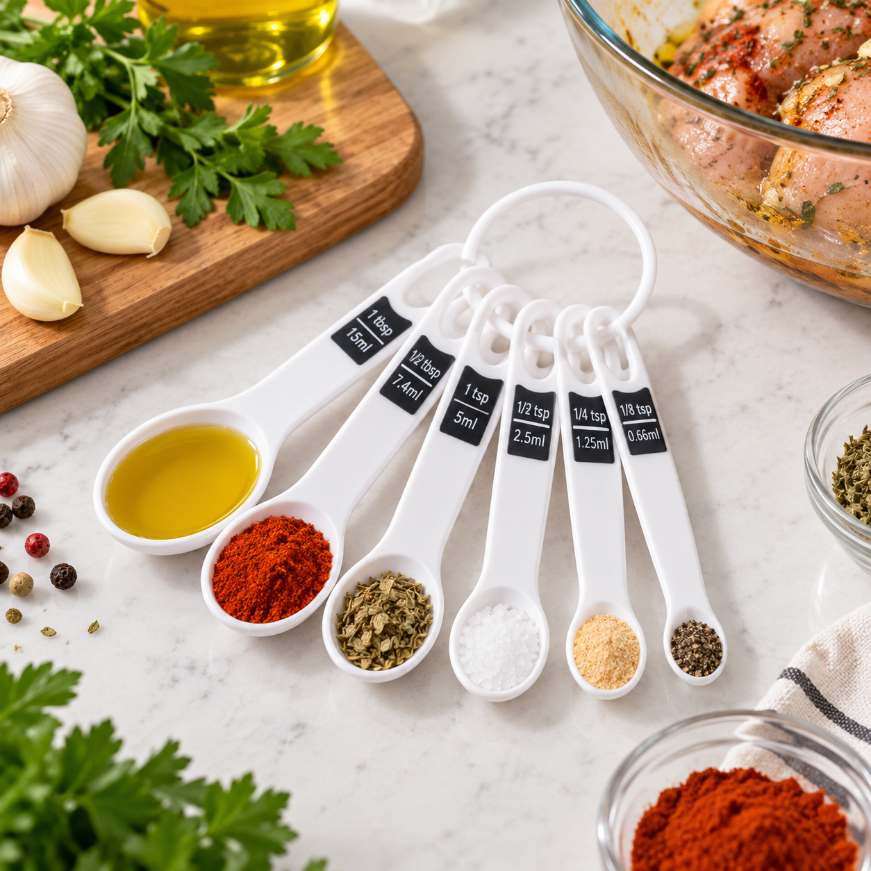 Set de 6 cucharas medidoras pequeñas blancas para cocina, 0,6–15 ml - Imagen 7
