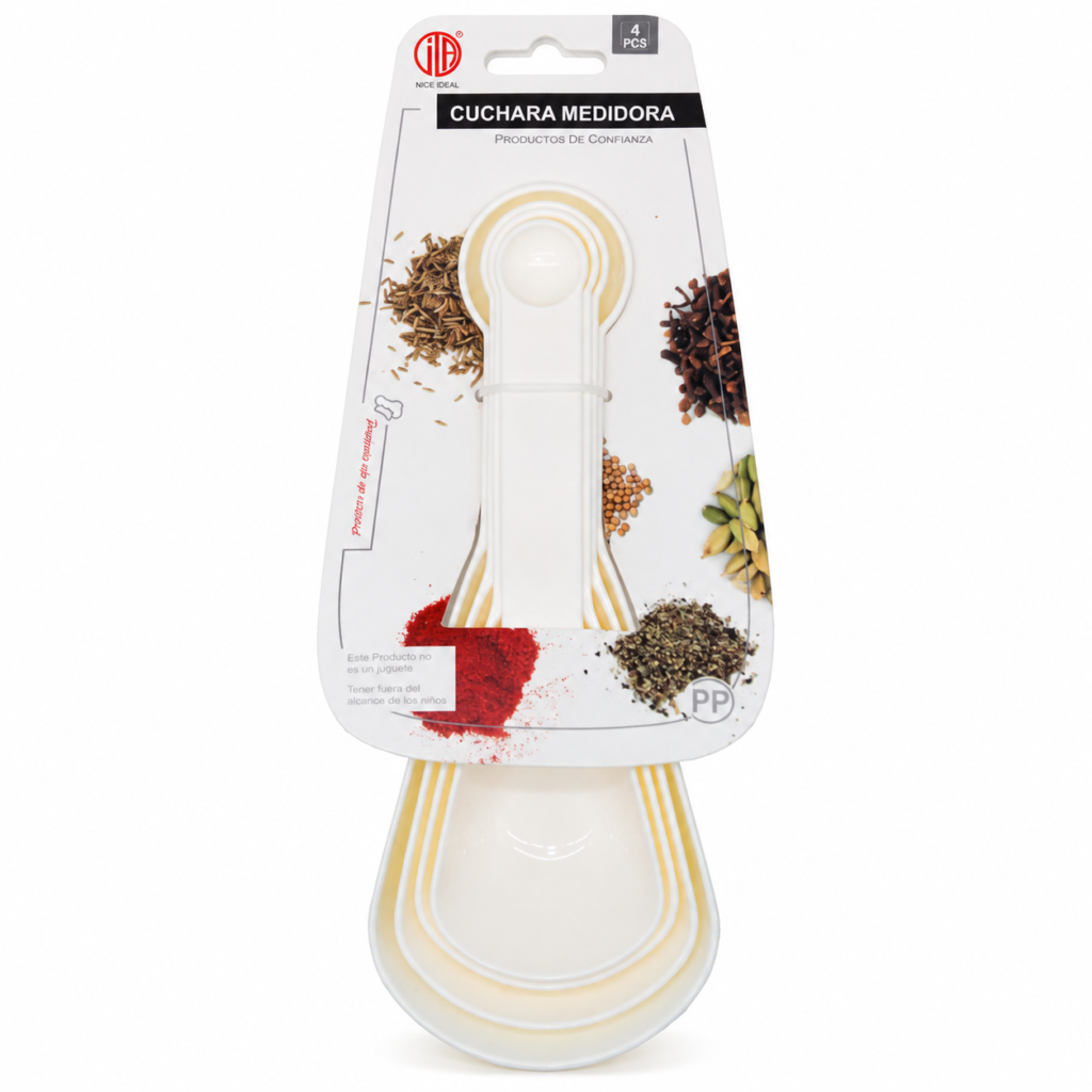 Set de 4 cucharas medidoras dobles blancas para cocina, 23 cm