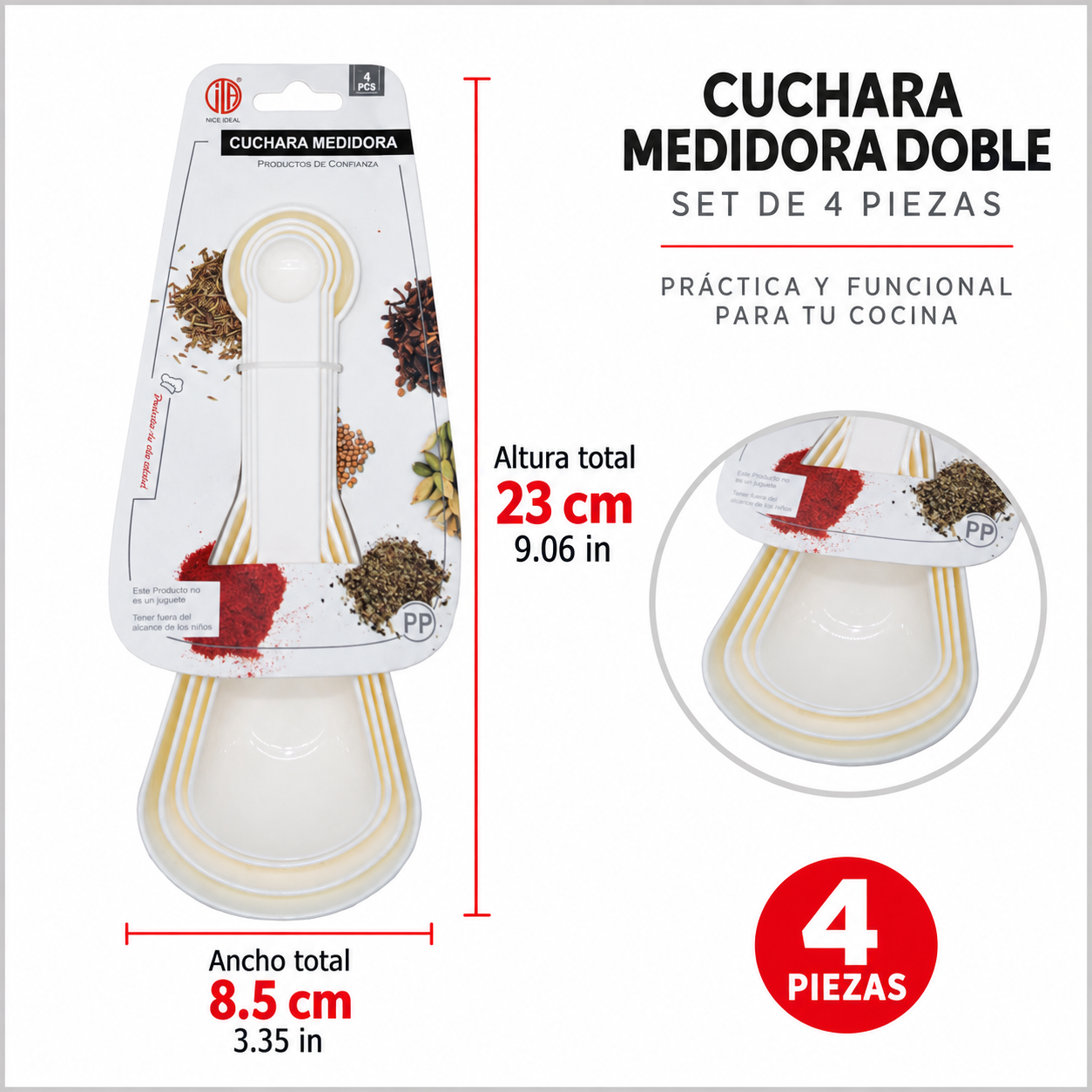Set de 4 cucharas medidoras dobles blancas para cocina, 23 cm - Imagen 4