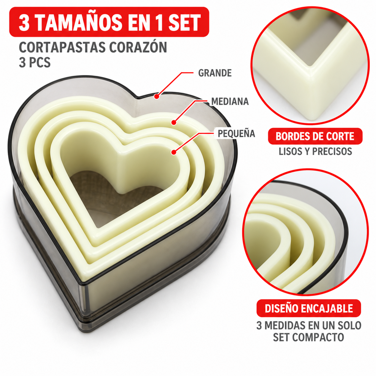 Cortapastas de corazón de plástico, set de 3 piezas - Imagen 3