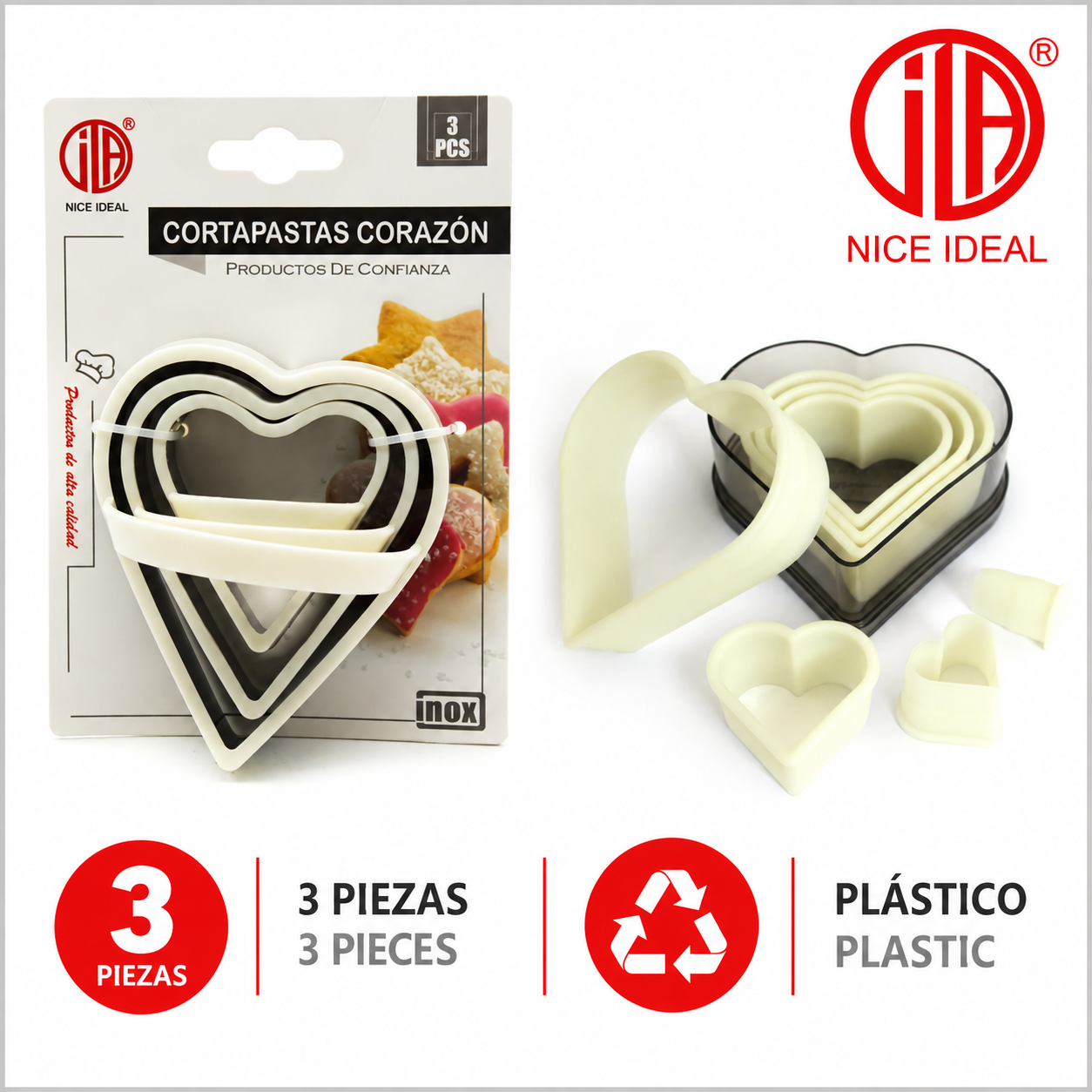 Cortapastas de corazón de plástico, set de 3 piezas - Imagen 4