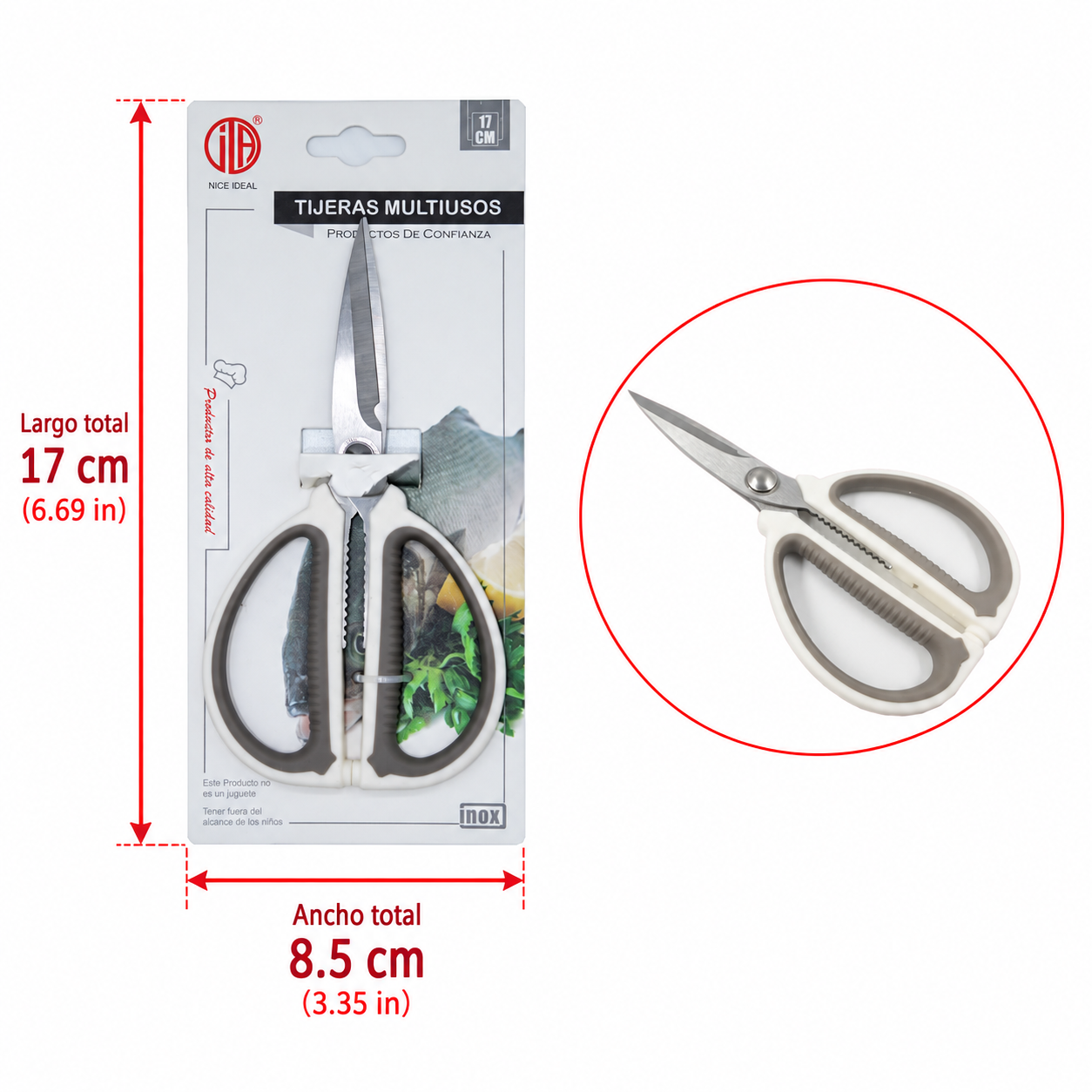 Tijera multiusos de cocina con mango blanco y gris, 17 cm - Imagen 4