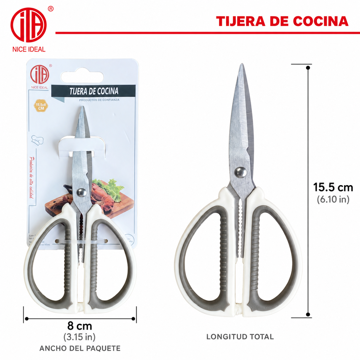Tijera de cocina pequeña de acero inoxidable, mango blanco y gris, 15,5 cm - Imagen 6
