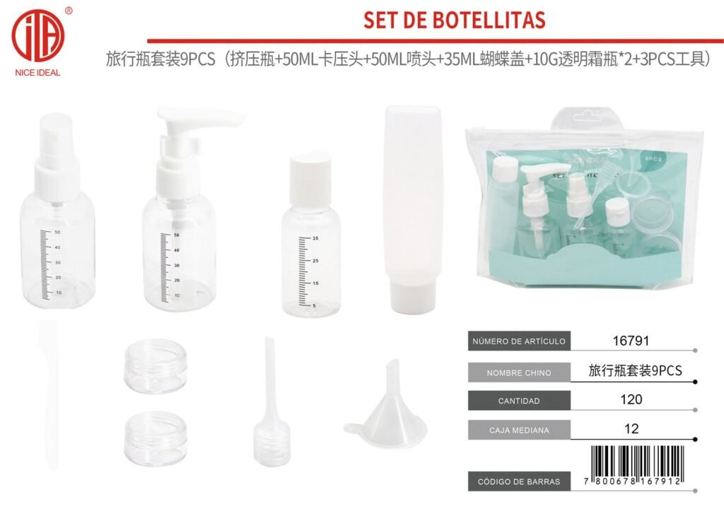 JUEGO DE BOTELLAS DE VIAJE 9PCS 50ML 50ML 35ML 10G *23PCS