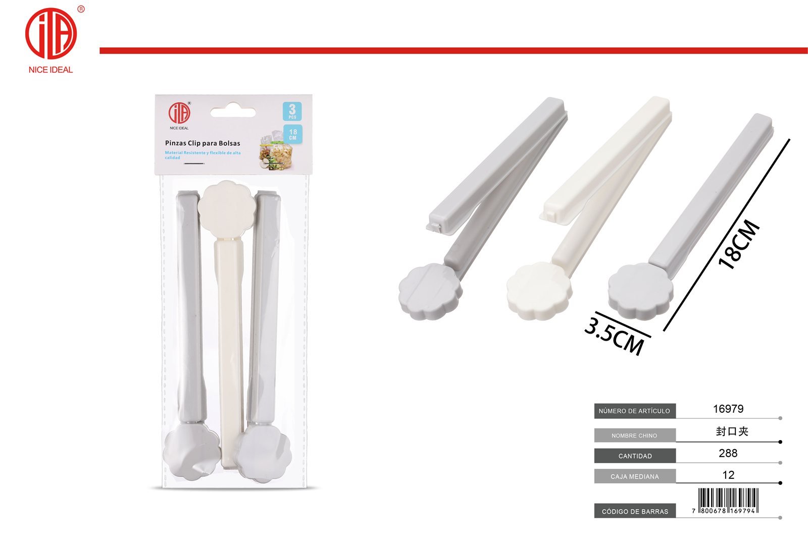 Set de 3 pinzas para bolsas con diseño de flor de 18 cm