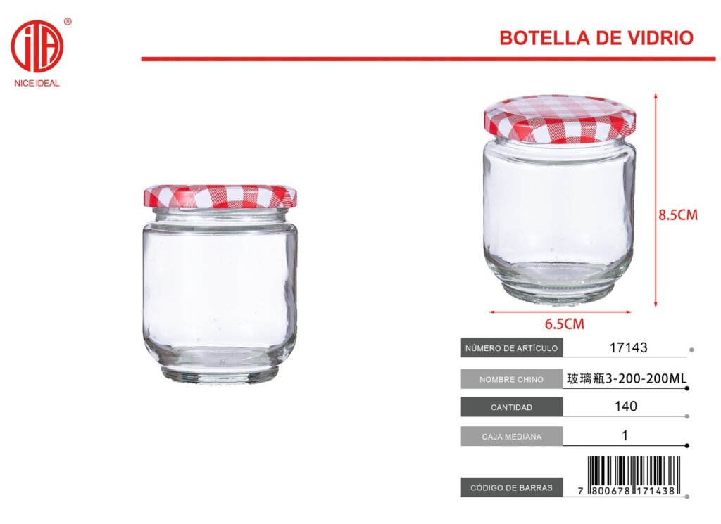 Frasco de vidrio con tapa metálica cuadriculada de 8,5 cm