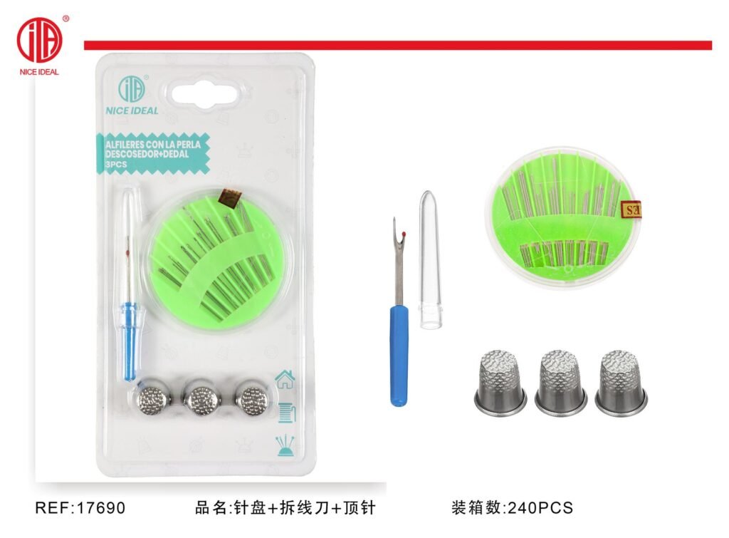 Kit de costura con alfileres, descosedor y 3 dedales