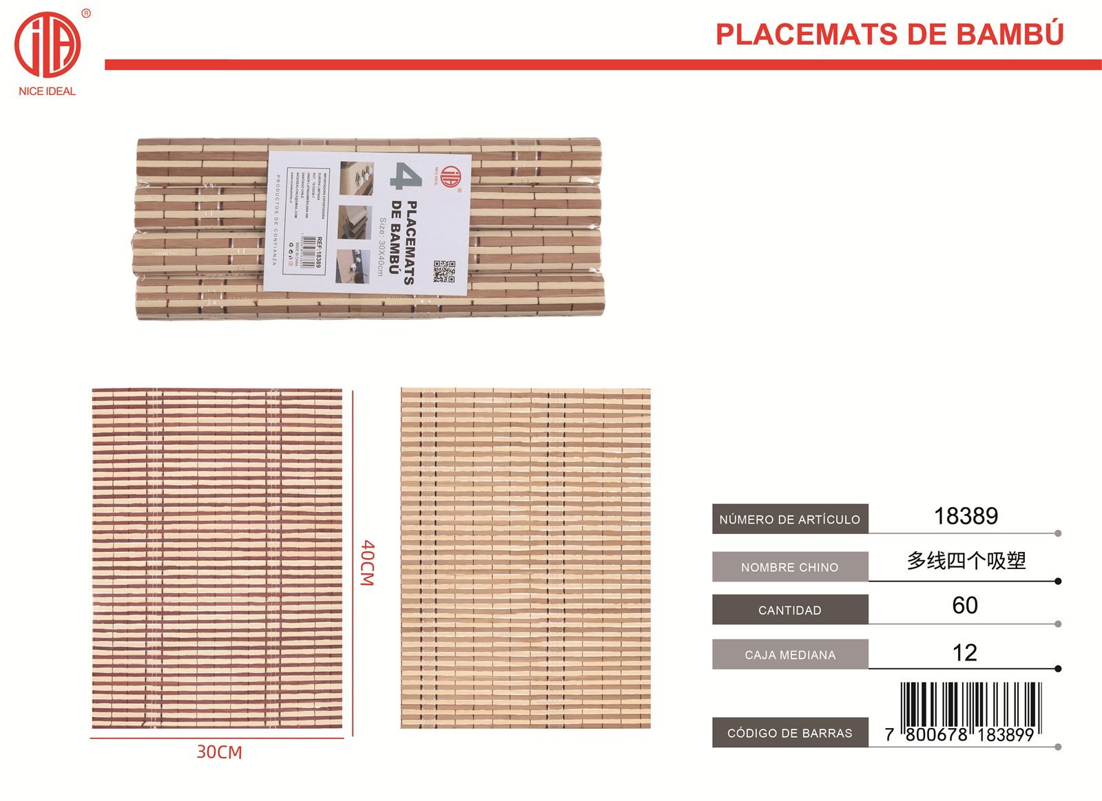 Set de 4 individuales de bambú de 30 x 40 cm