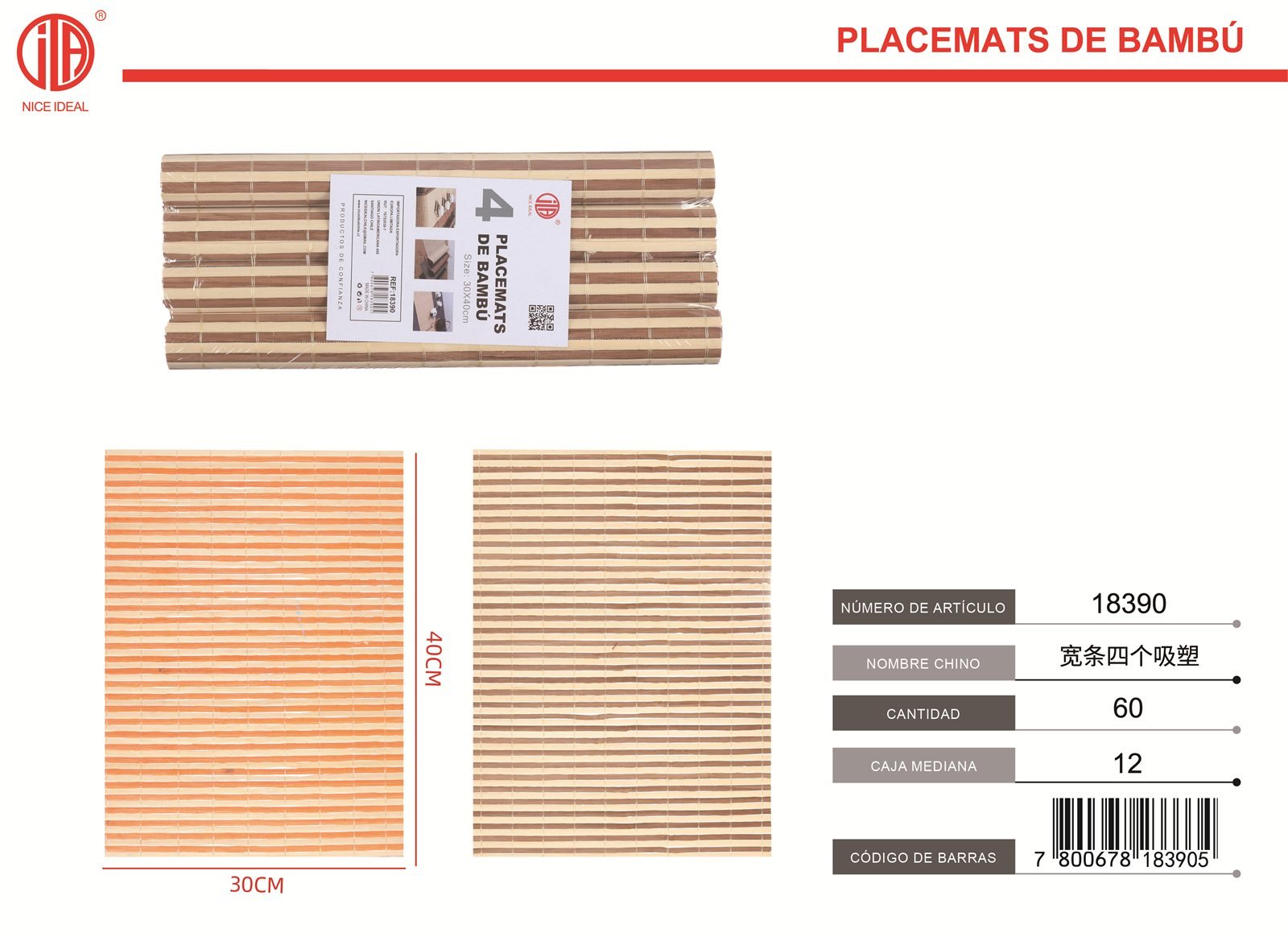 Set de 4 individuales de bambú de 30 x 40 cm, diseño ancho