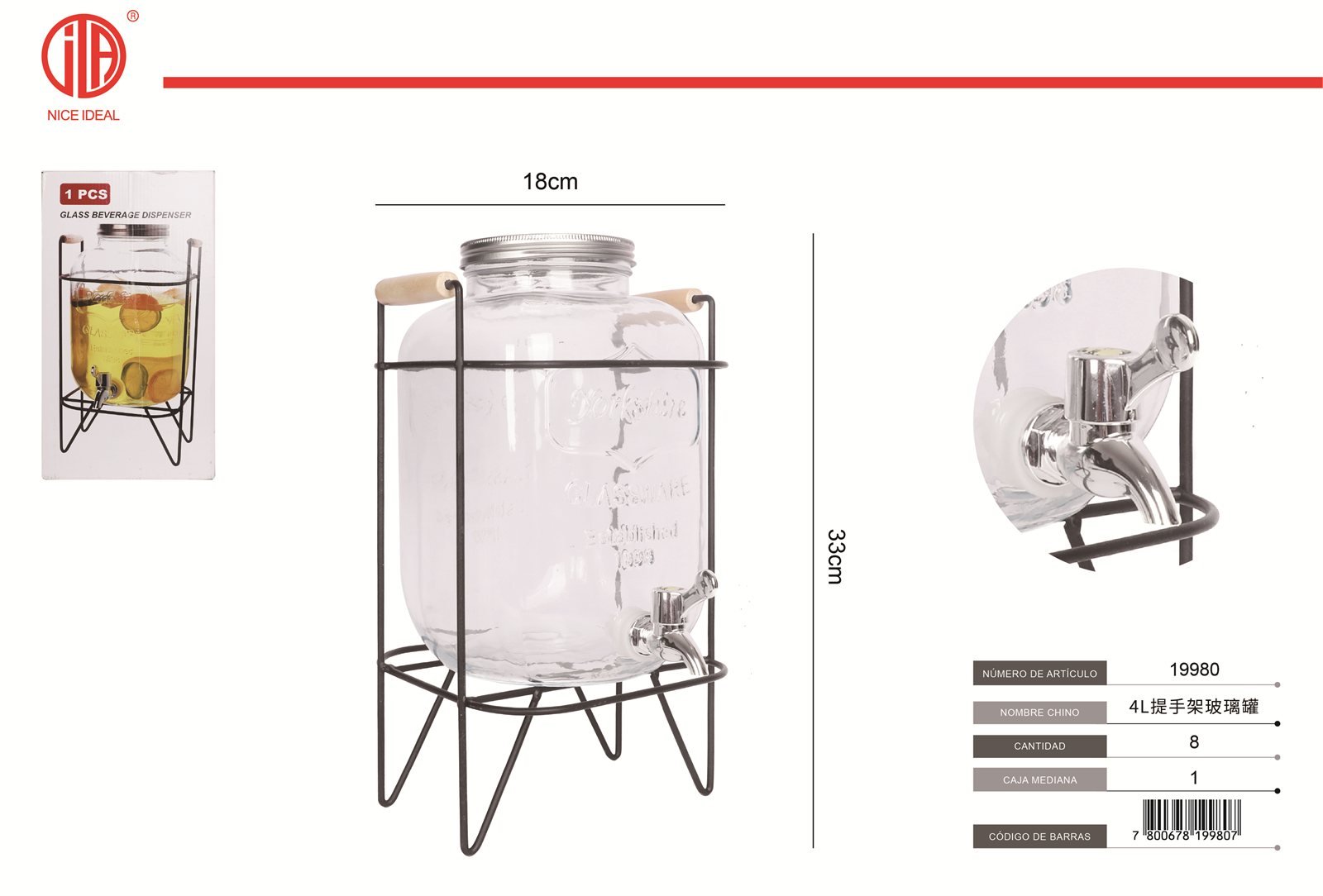 Dispensador de vidrio con grifo y soporte, 4 litros