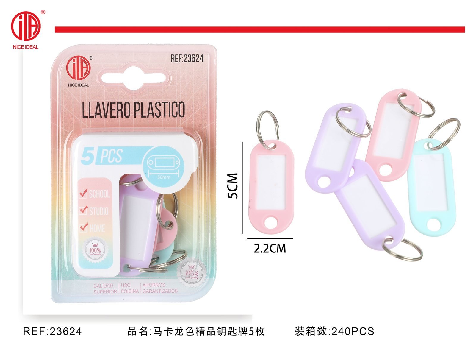 Set de 5 llaveros plásticos con etiqueta de 5 cm