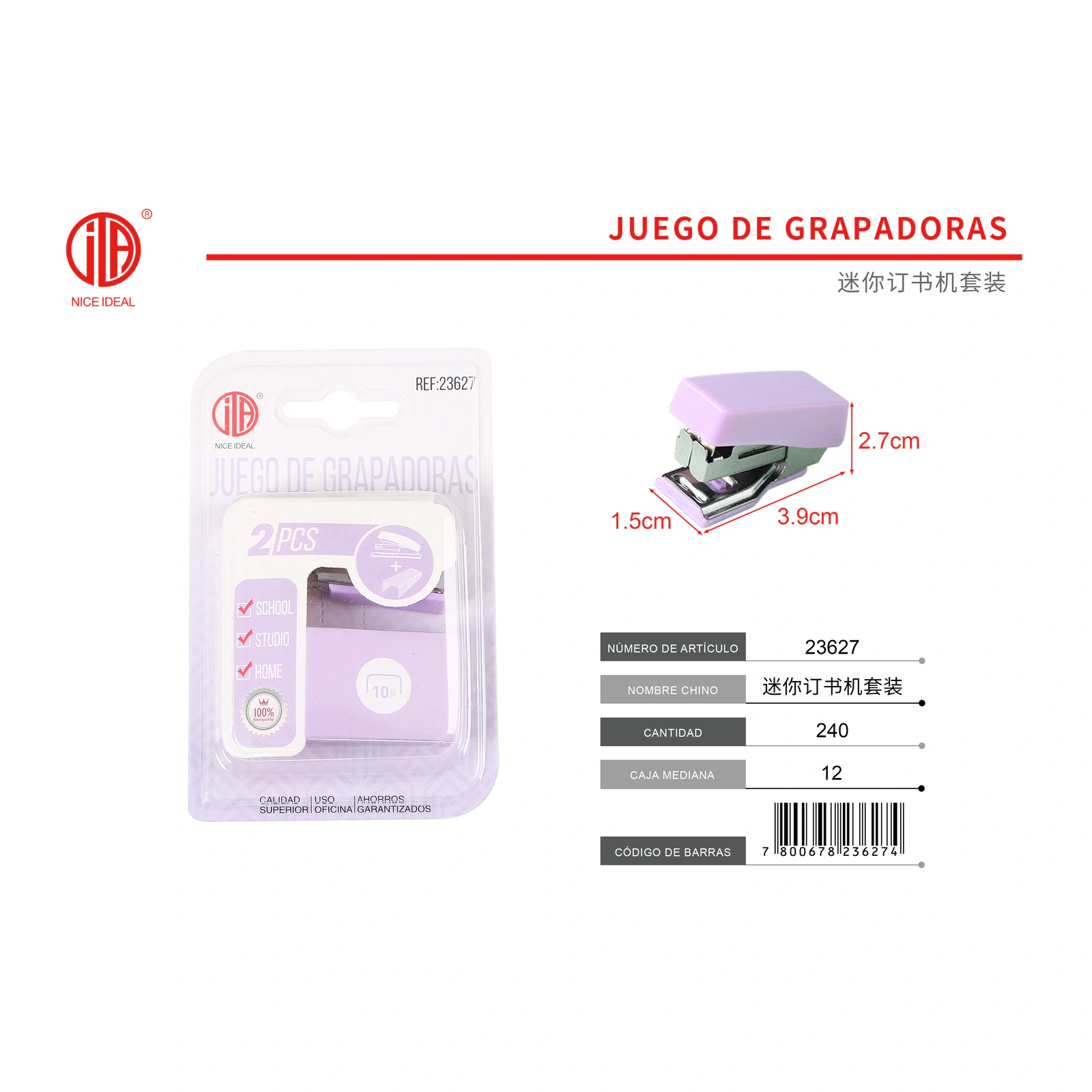Presentación original del set de mini grapadora SKU 23627