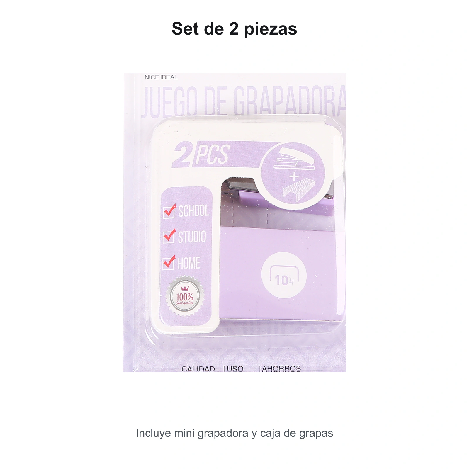 Set de dos piezas con mini grapadora lila y caja de grapas