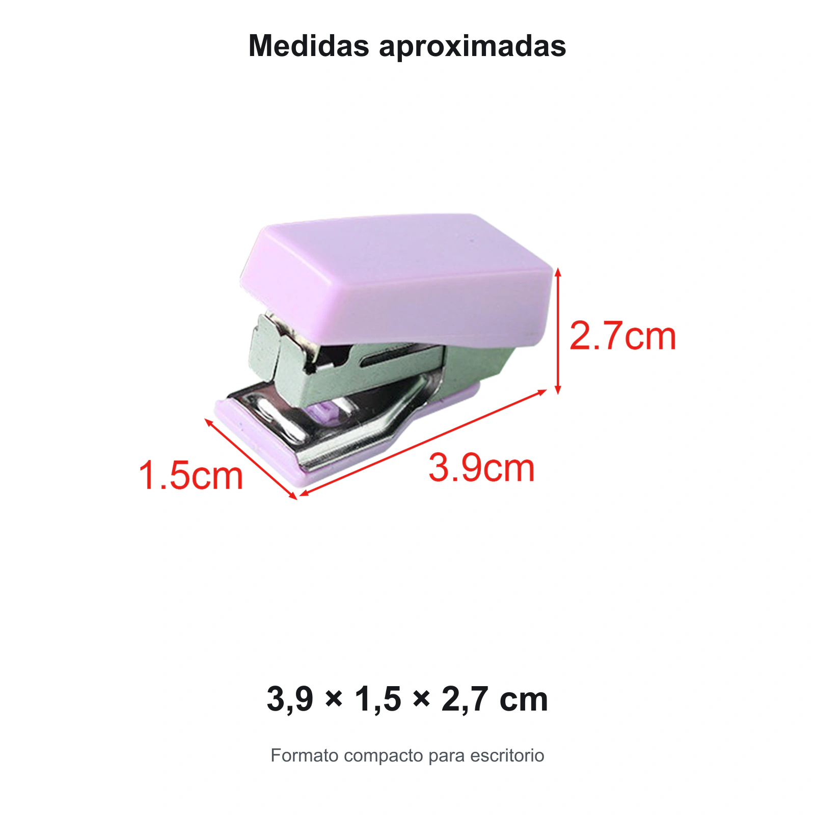 Mini grapadora con medidas aproximadas de 3,9 por 1,5 por 2,7 cm