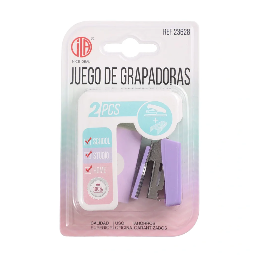 Set de mini grapadora lila con caja de grapas SKU 23628