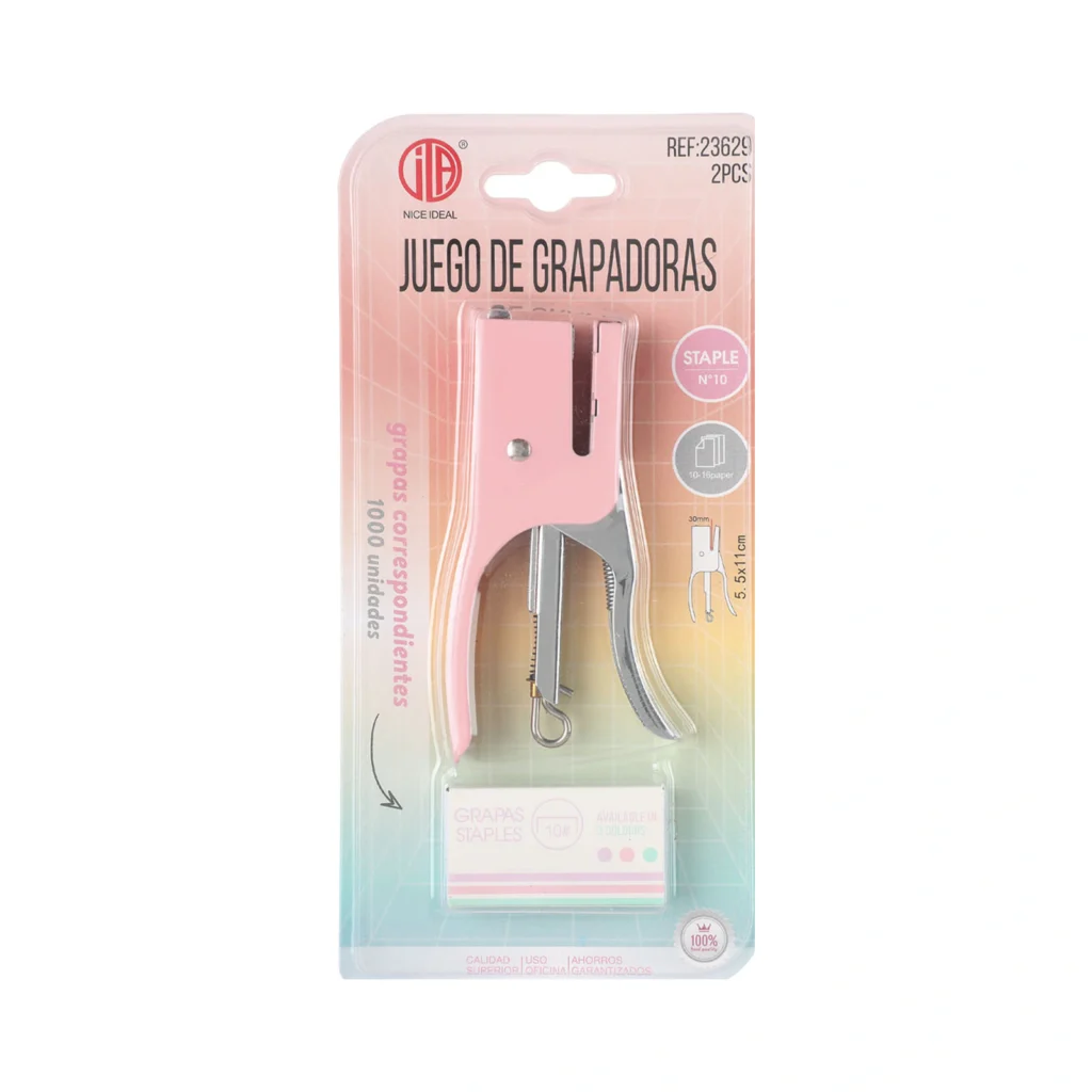 Set de grapadora tipo pinza rosada con grapas SKU 23629