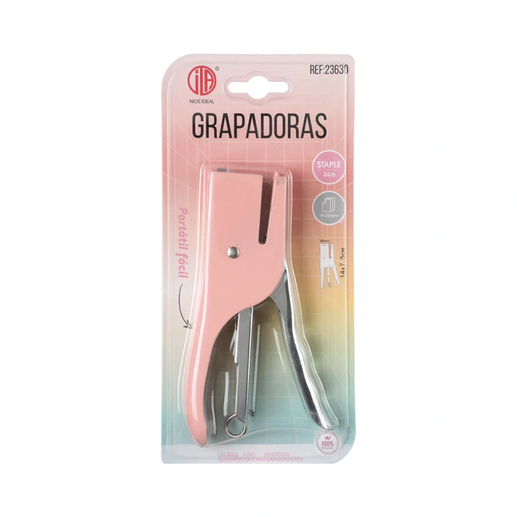 Grapadora tipo pinza rosada para grapas 24/6 SKU 23630