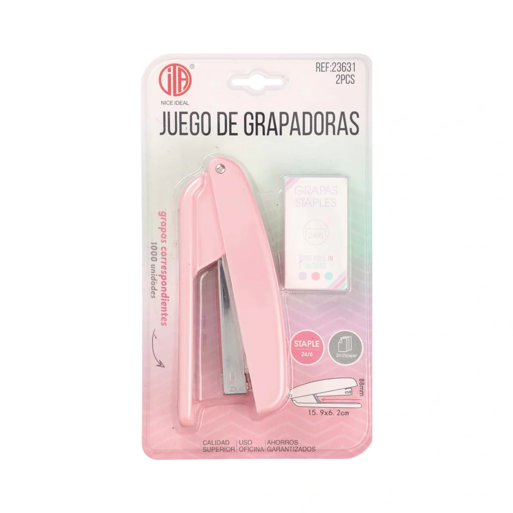 Set rosado de grapadora y grapas 24/6 SKU 23631