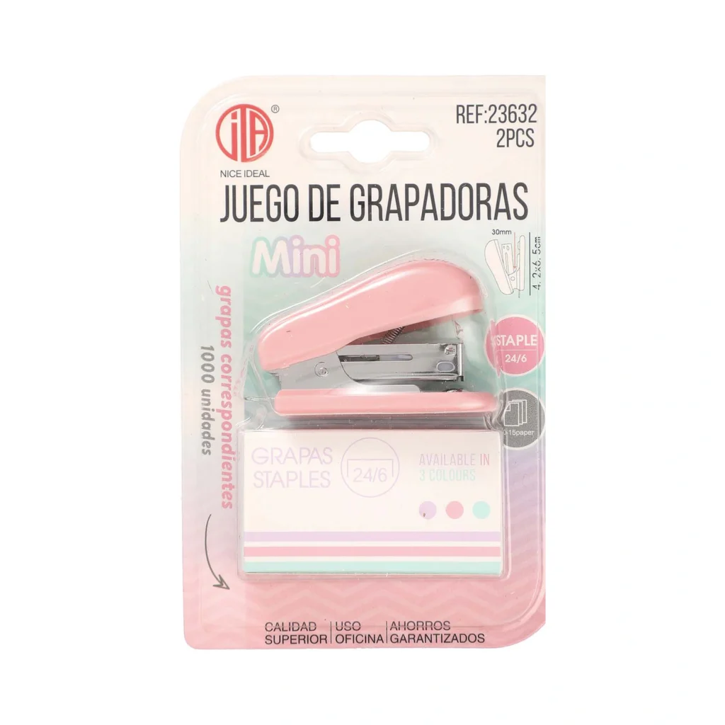 Set rosado de mini grapadora y grapas 24/6 SKU 23632