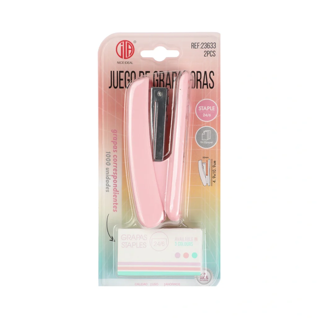 Set rosado de grapadora y grapas 24/6 SKU 23633