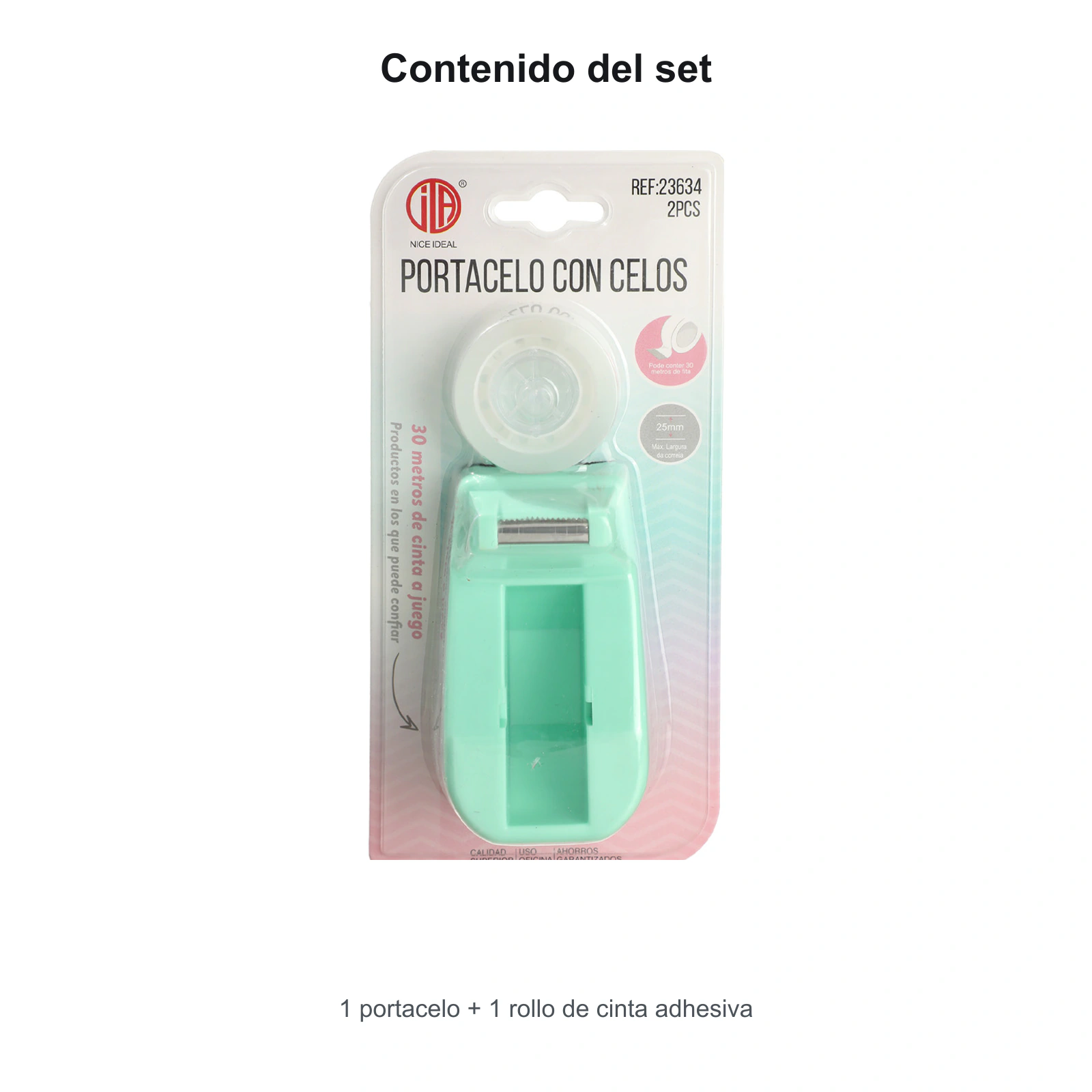 Contenido del set con portacelo y rollo de cinta adhesiva