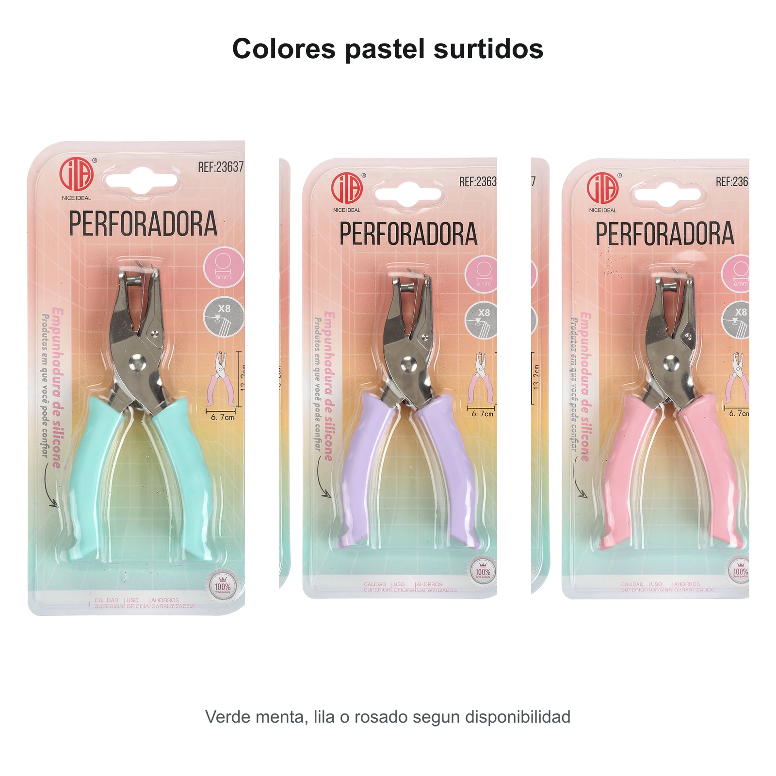Perforadora en colores verde menta lila y rosado