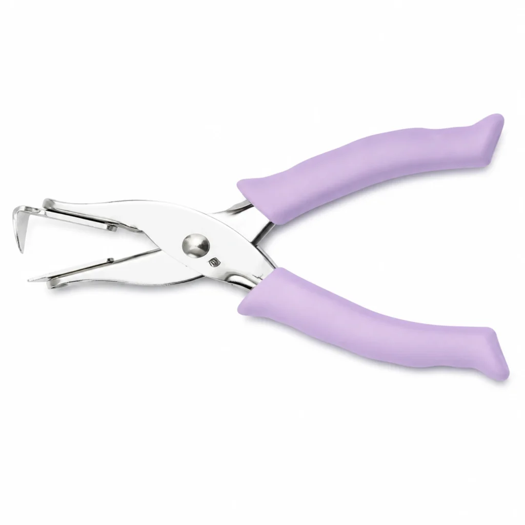 Quitagrapas tipo pinza con mangos lila pastel SKU 23638