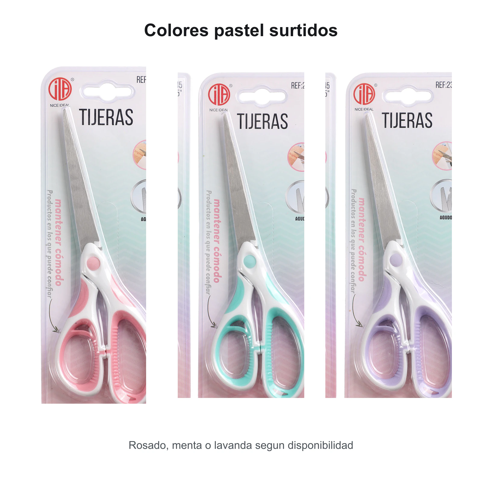 Tijeras acolchadas en colores rosado, menta y lavanda