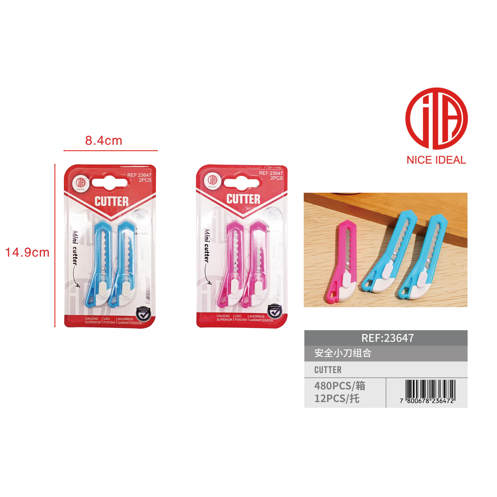 Presentación original del set de 2 mini cortacartones SKU 23647