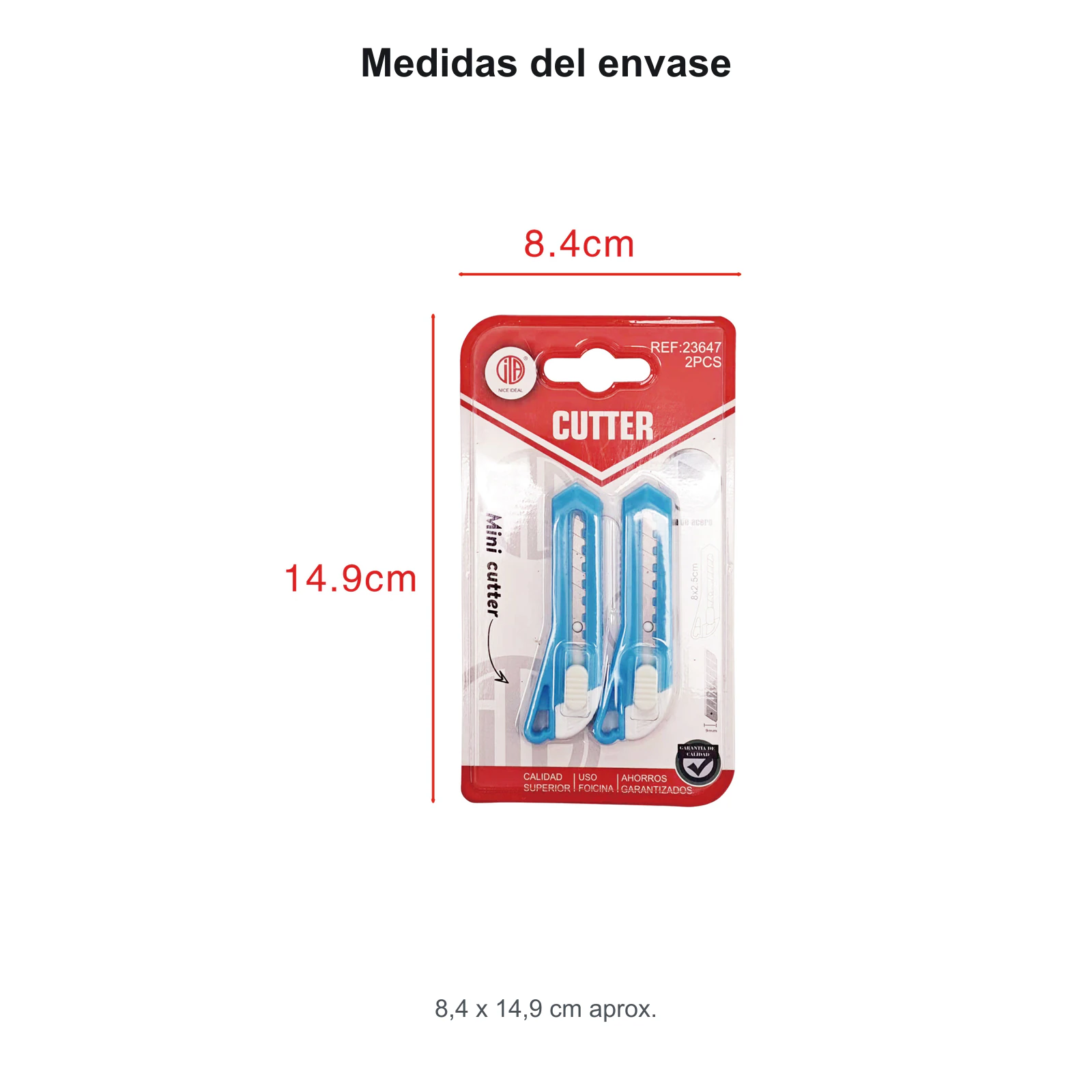 Envase del set de cortacartones de 8,4 por 14,9 cm