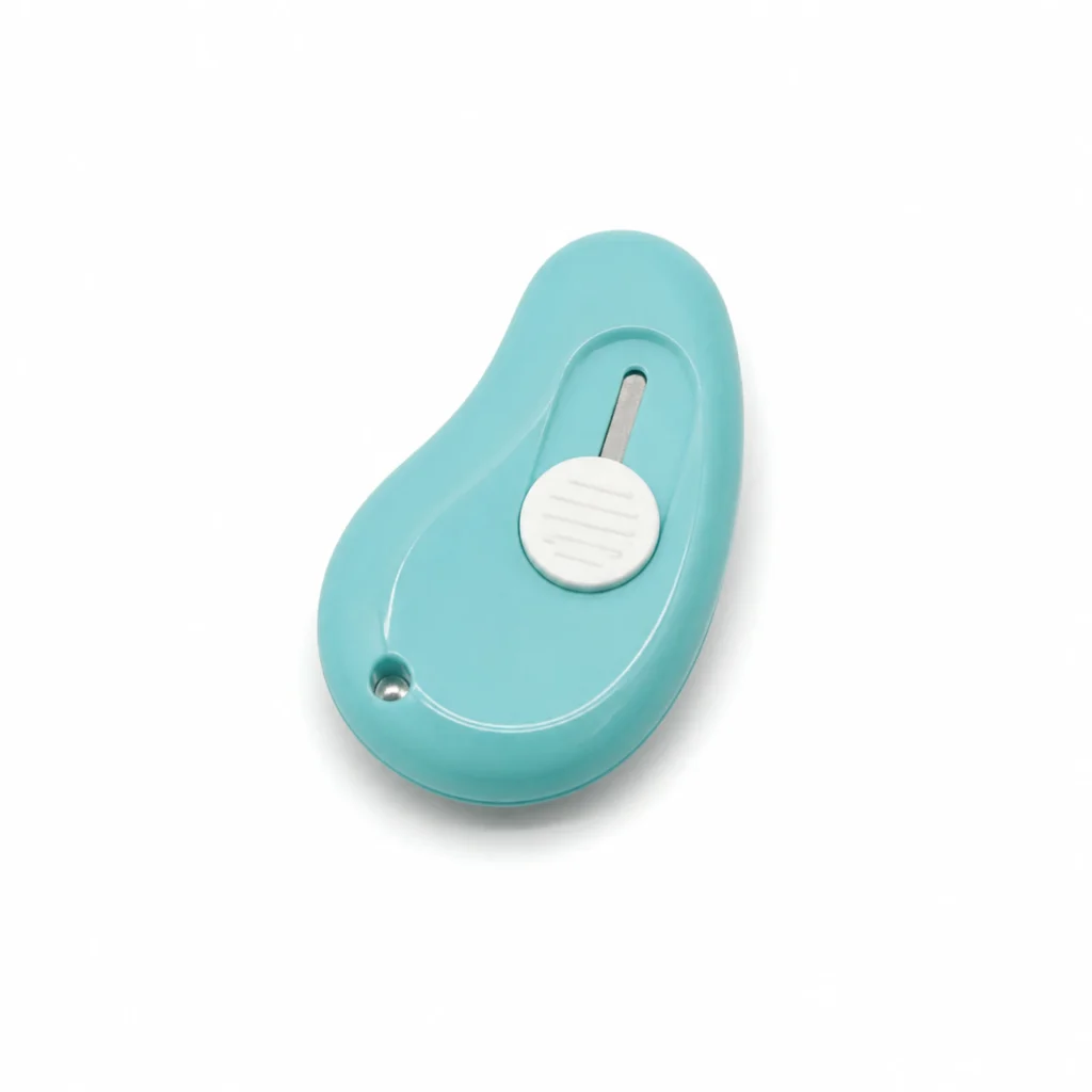 Mini cortador de seguridad retractil color azul SKU 23649 sobre fondo blanco