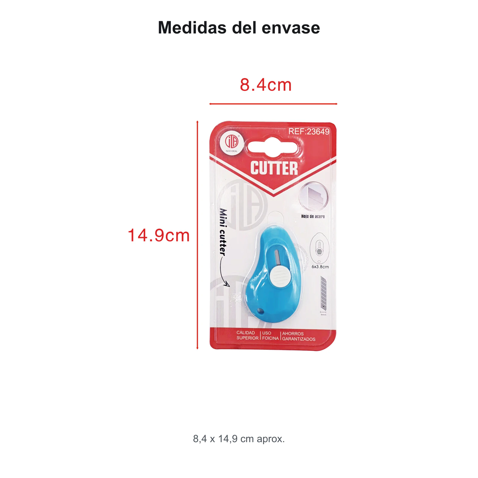 Envase de mini cortador con medidas 8,4 por 14,9 cm