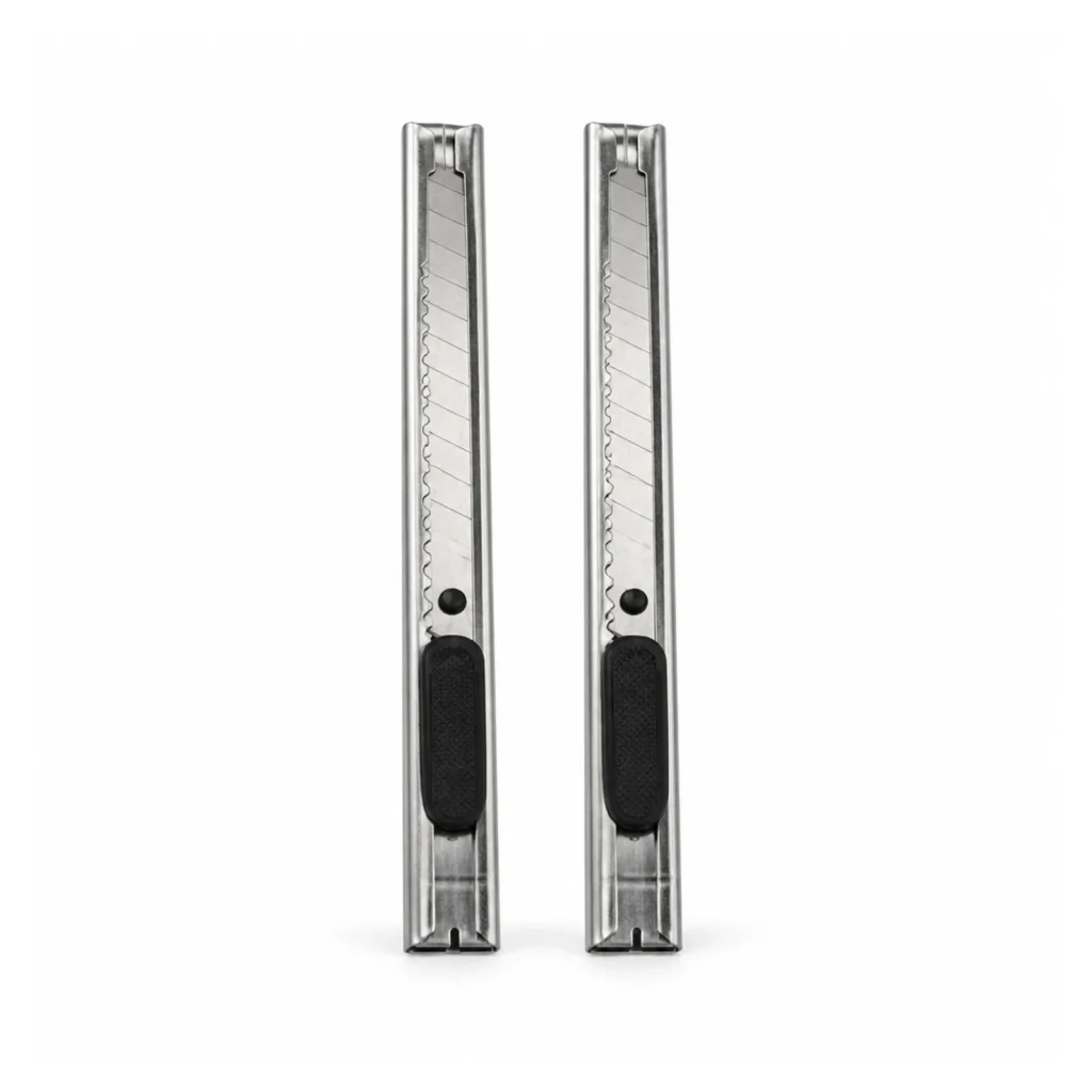 Set de dos cutters plateados de 9 mm con deslizador negro sobre fondo blanco, SKU 23651