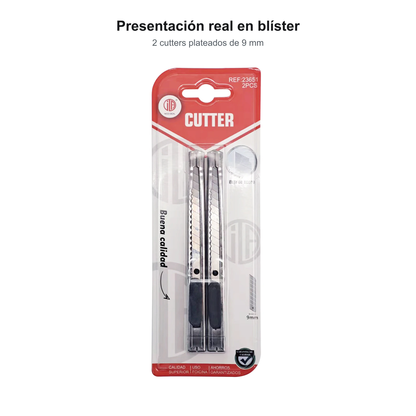 Blister real con dos cutters plateados de 9 mm, referencia 23651