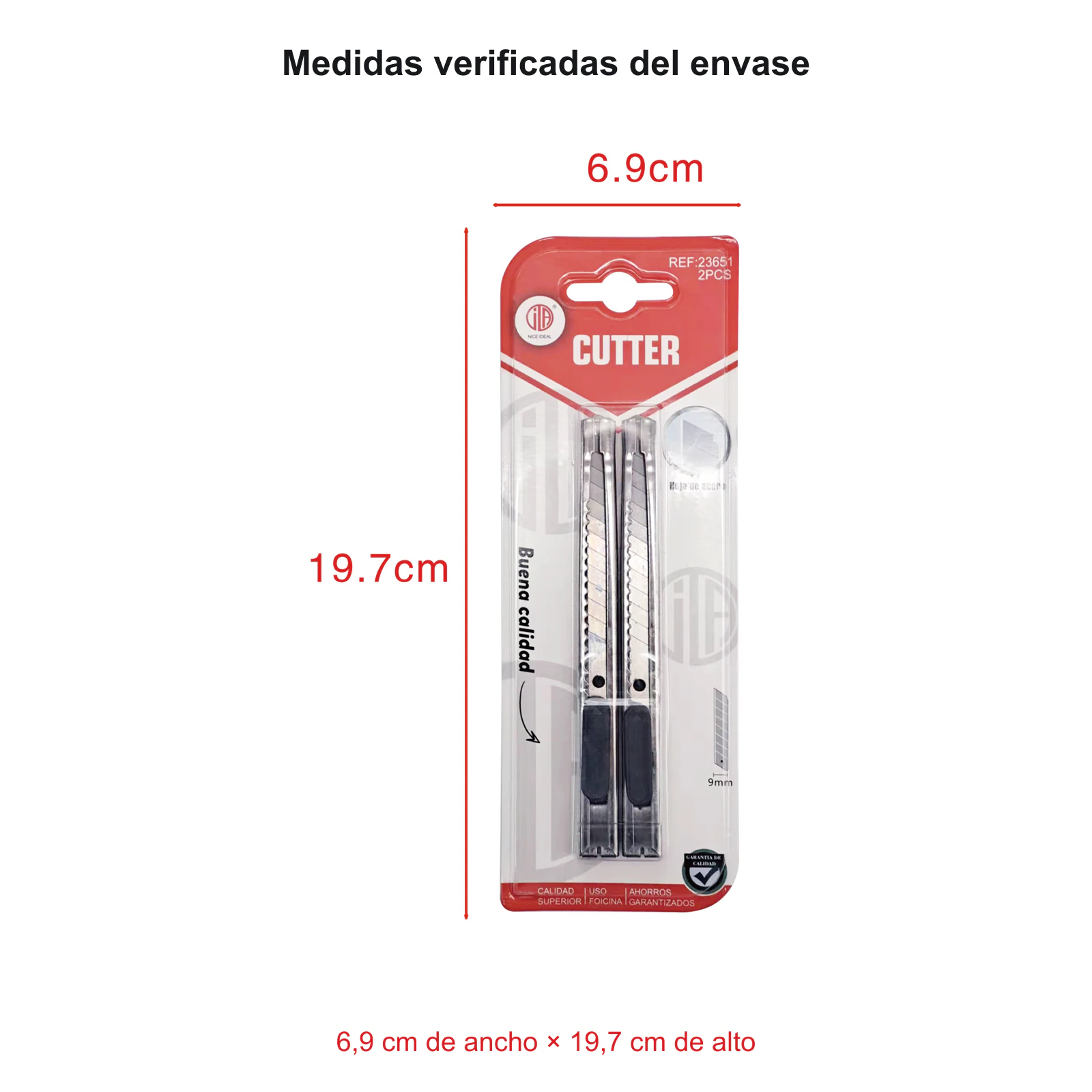 Medidas del envase del set de cutters: 6,9 por 19,7 cm