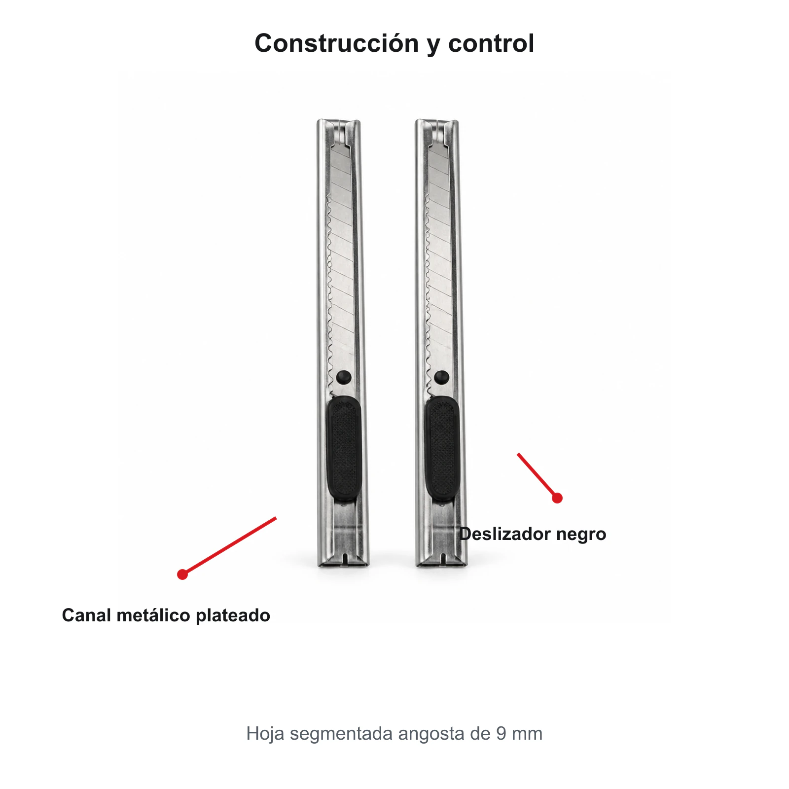 Detalle del canal metalico, hoja segmentada de 9 mm y deslizador negro de los cutters