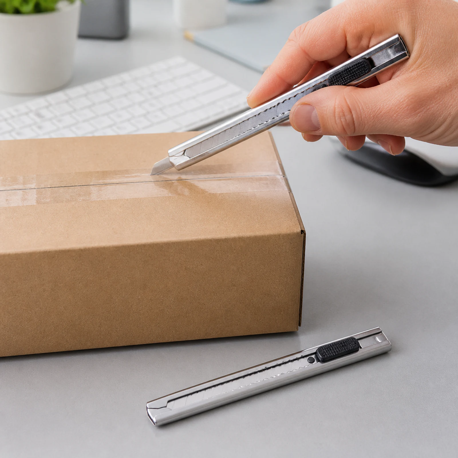 Un cutter plateado de 9 mm cortando cinta de una caja y el segundo cutter sobre la mesa