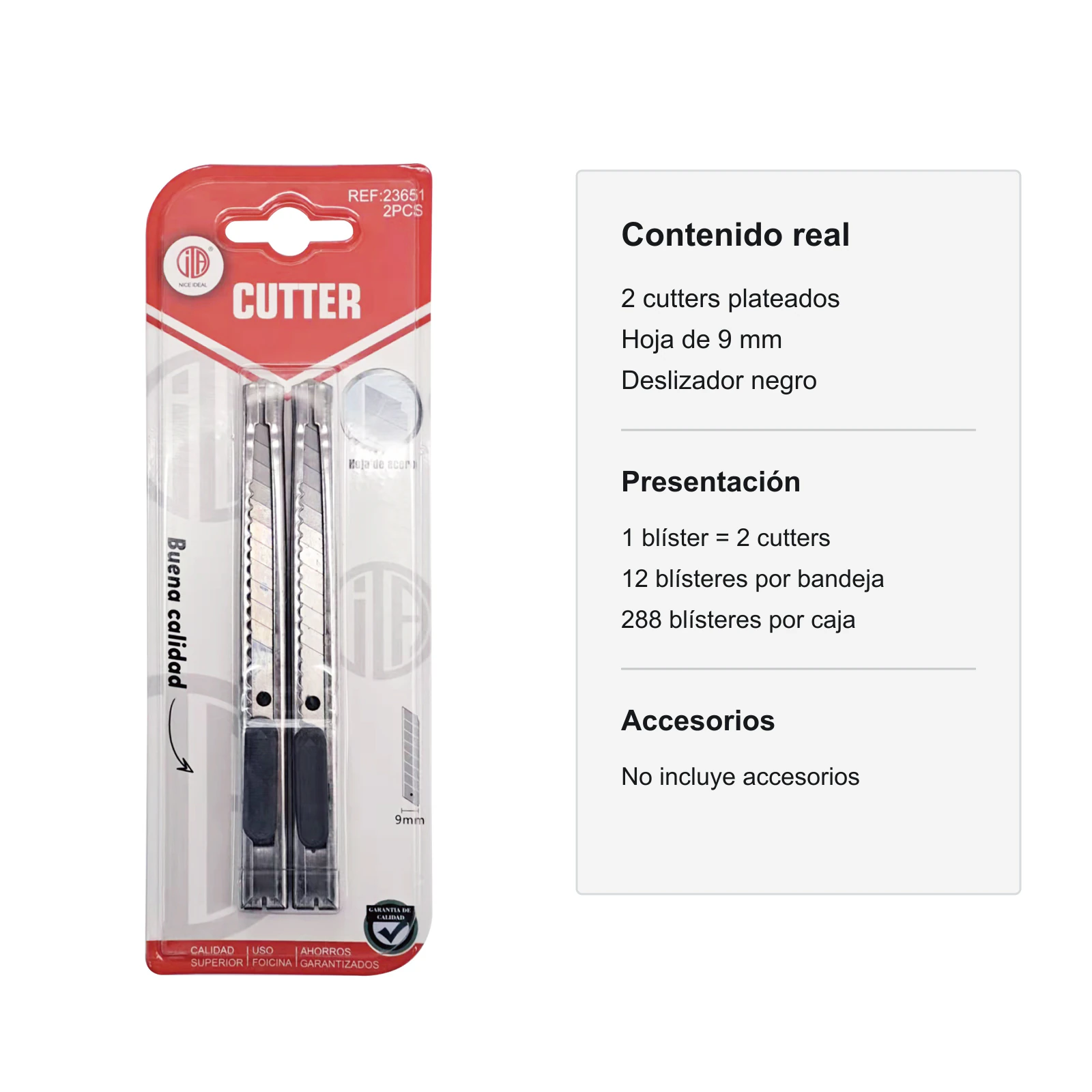 Envase del set SKU 23651 con dos cutters y datos de bandeja y caja
