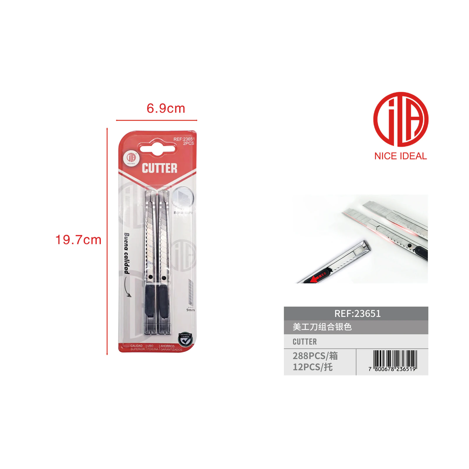 Imagen promocional original del set de dos cutters plateados SKU 23651