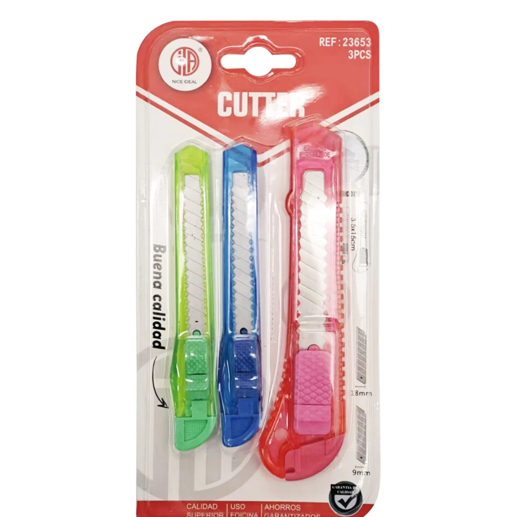 Set BC095 de 3 cortacartones verde, azul y rojo en blister SKU 23653