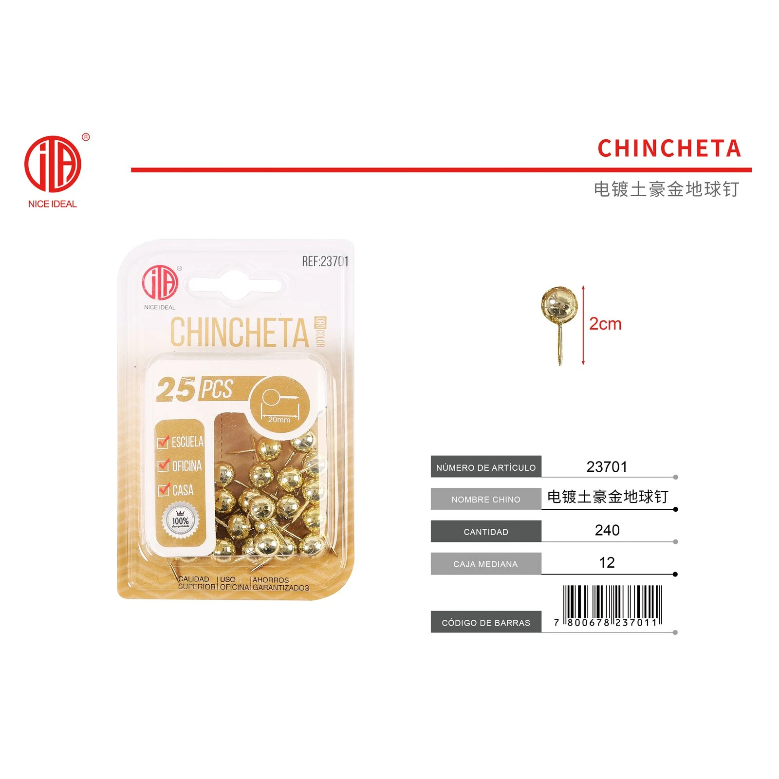 Chinchetas doradas 25 piezas 20 mm - Imagen 2