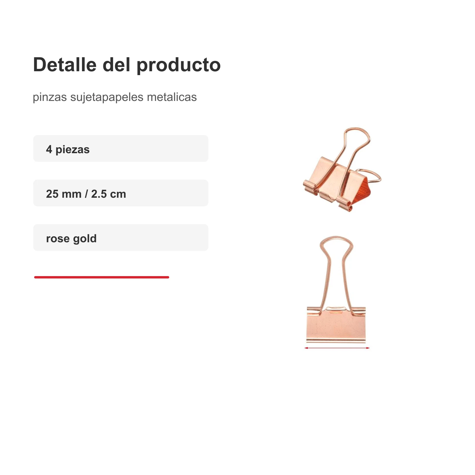 Pinzas sujetapapeles rose gold 25 mm 4 piezas - Imagen 3