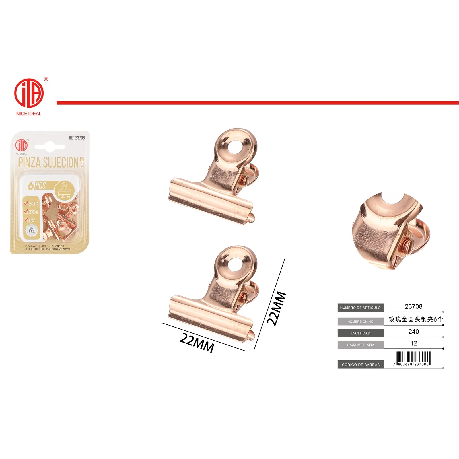 Pinzas metalicas redondas rose gold 22 mm 6 piezas - Imagen 2
