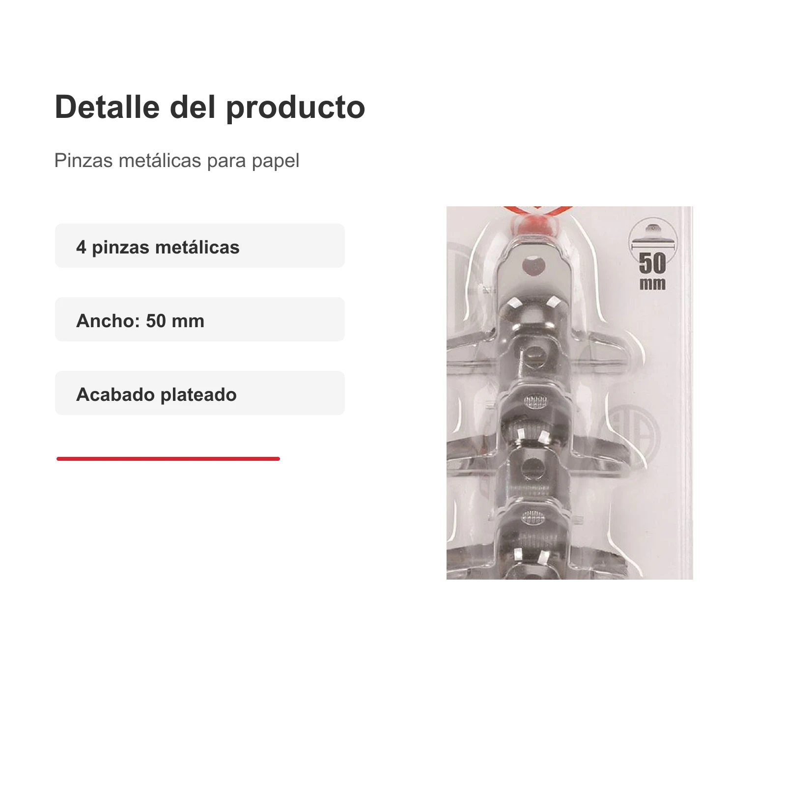 Set de 4 pinzas metálicas para papel, 50 mm - Imagen 3