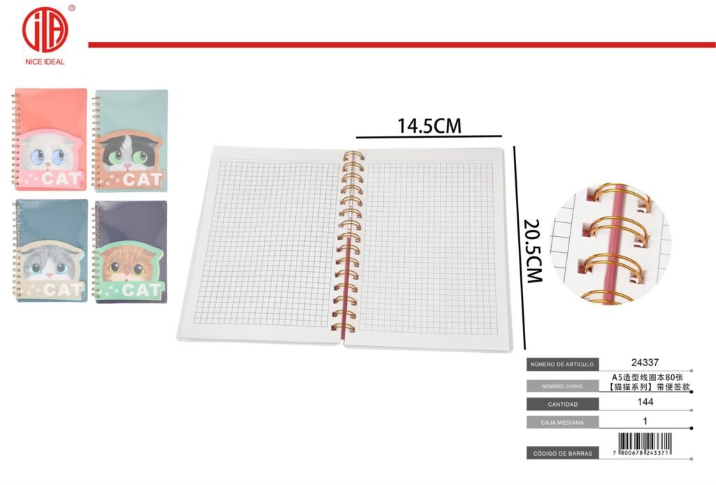Cuaderno A5 cuadriculado con espiral, 80 hojas, diseño de gato