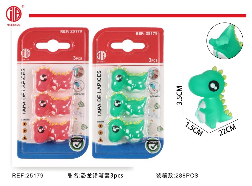 Set de 3 tapas para lápiz diseño dinosaurio