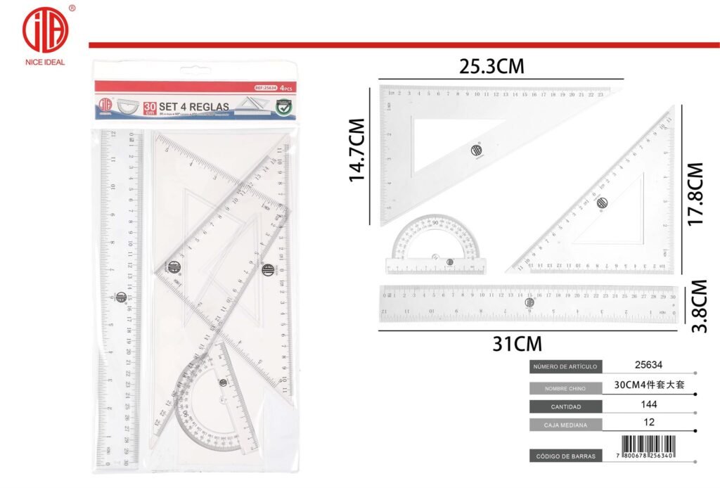 Set geométrico transparente de 4 piezas, regla de 30 cm