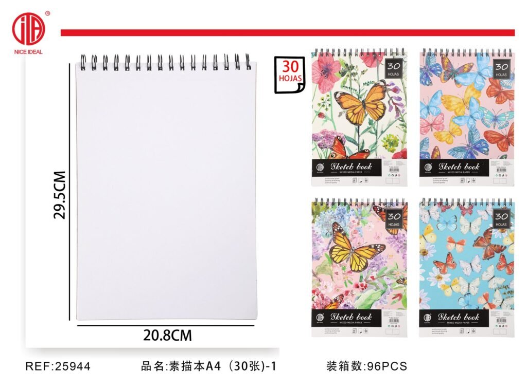 Bloc de dibujo A4 con espiral y mariposas, 30 hojas
