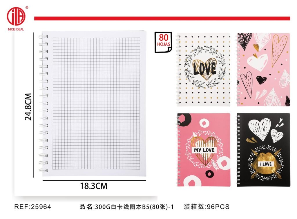 Cuaderno cuadriculado B5 con espiral, 80 hojas, corazones