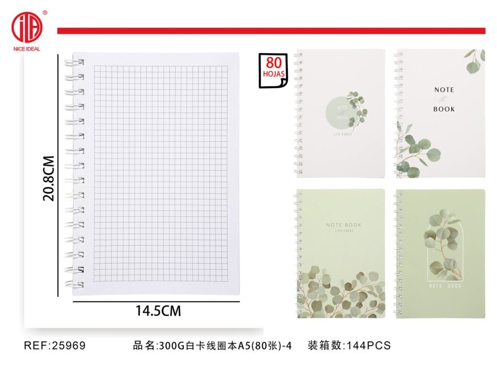 Cuaderno cuadriculado A5 con espiral, 80 hojas, hojas verdes
